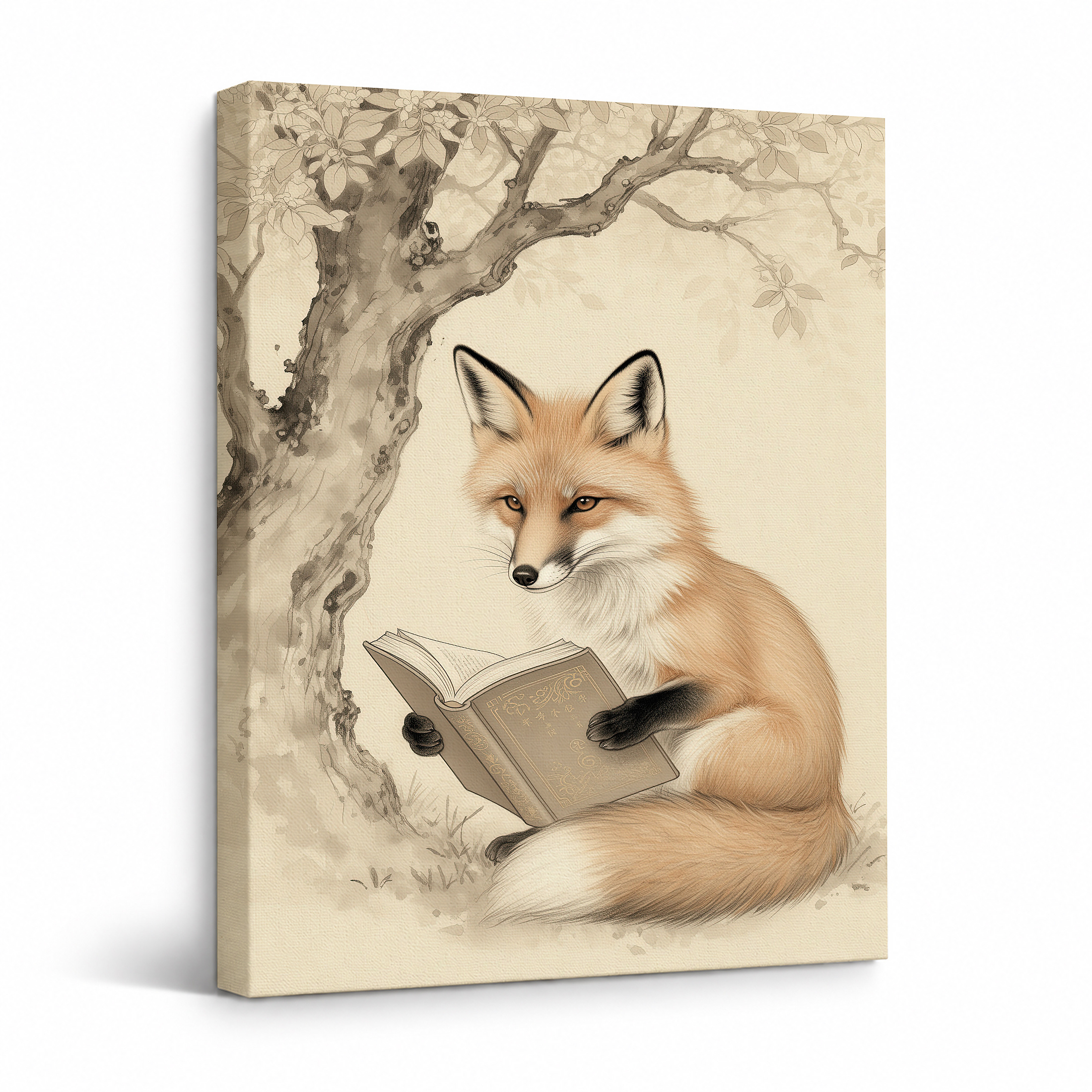 Fox Reading Under Tree Framed Canvas Wall Art - Vintage Whimsy Decor