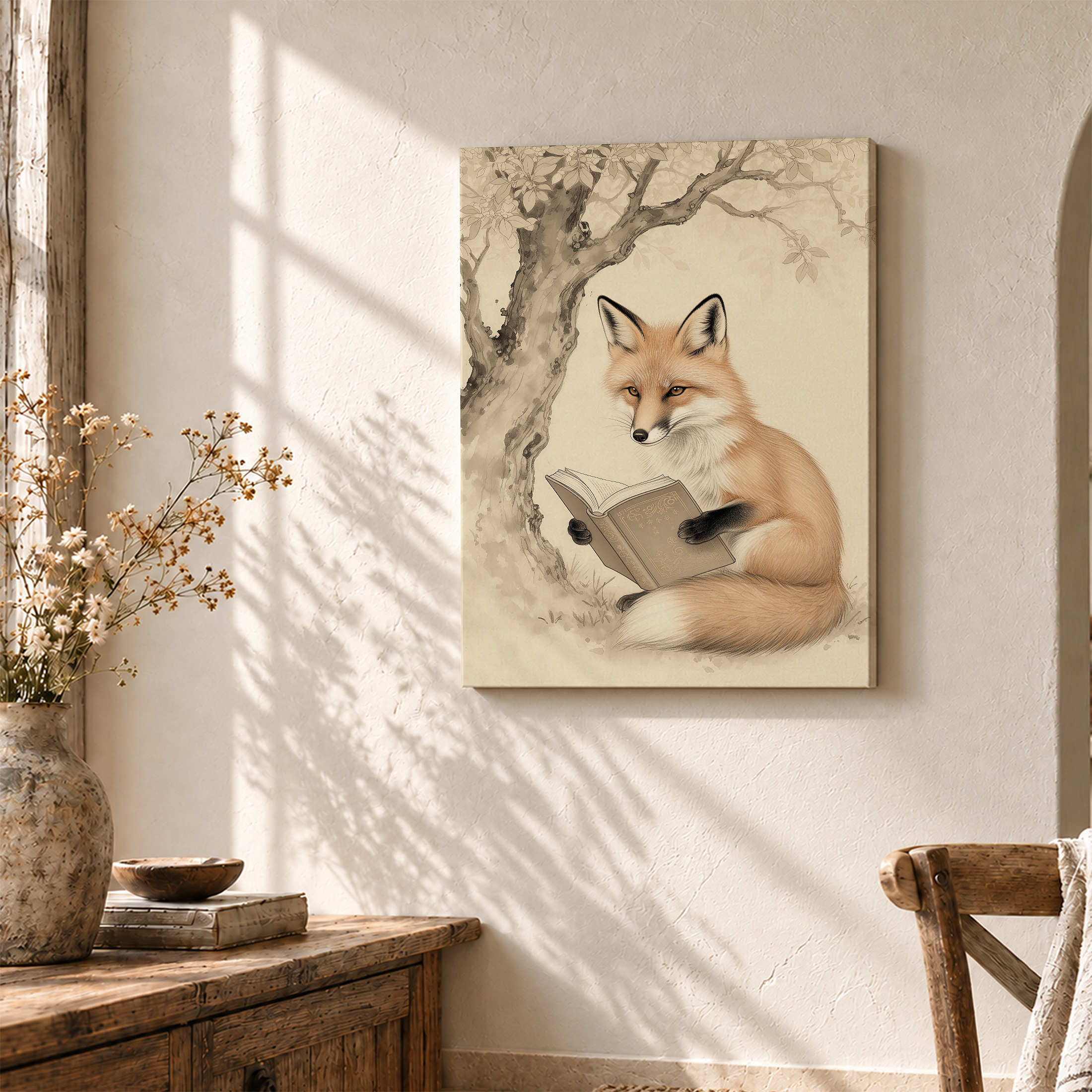 Fox Reading Under Tree Framed Canvas Wall Art - Vintage Whimsy Decor - Image 3