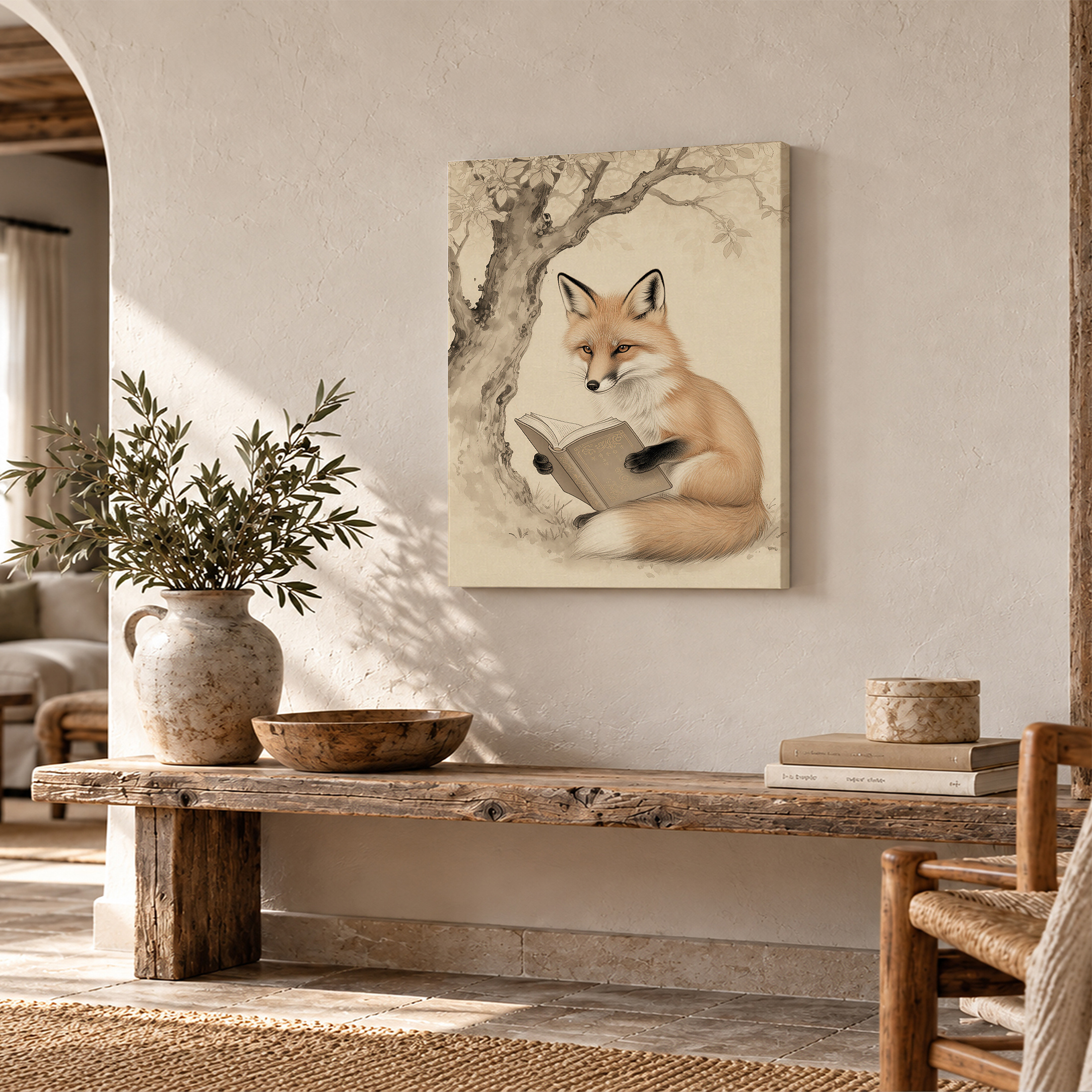 Fox Reading Under Tree Framed Canvas Wall Art - Vintage Whimsy Decor - Image 2