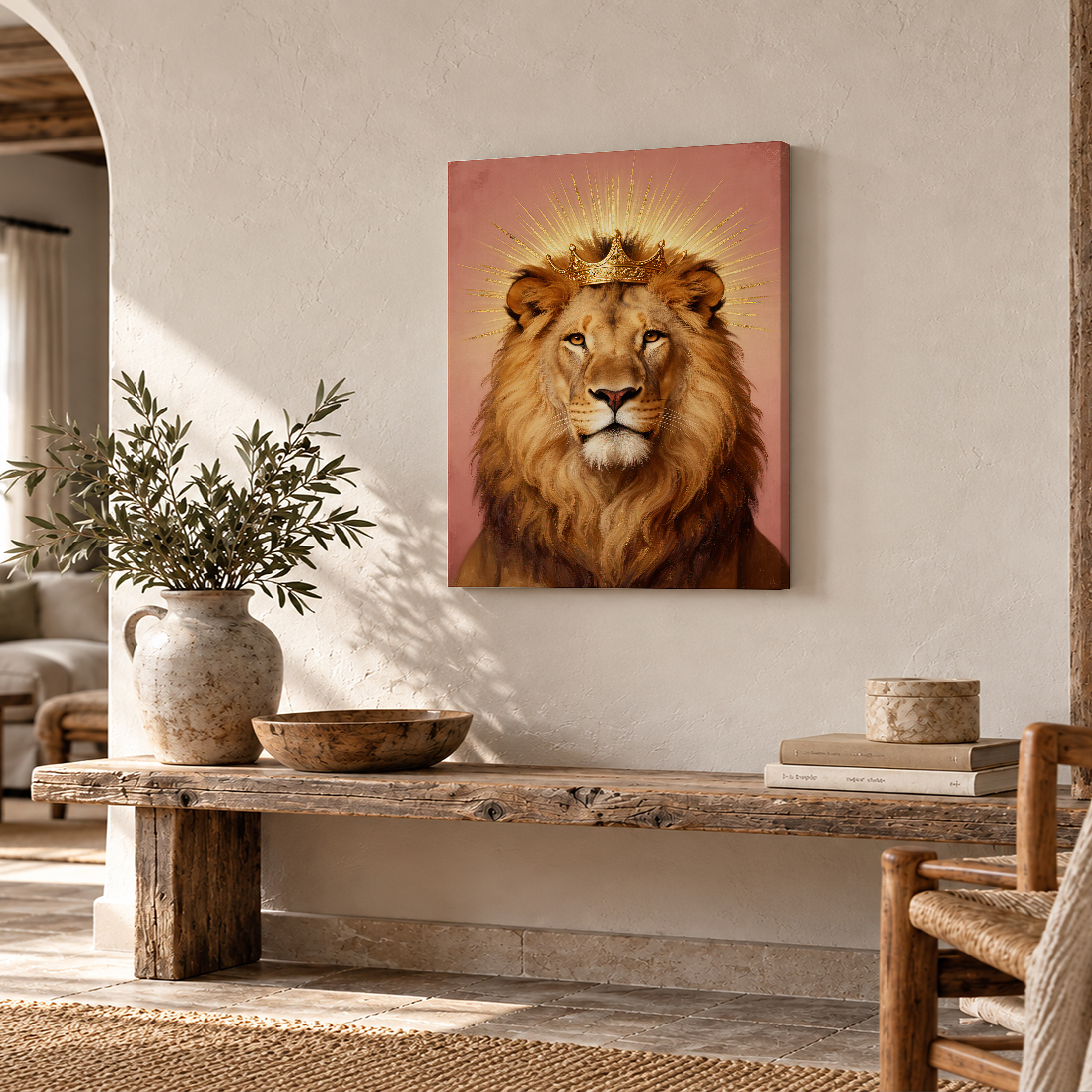 Regal Lion with Crown & Golden Halo Framed Canvas Wall Art - Image 2