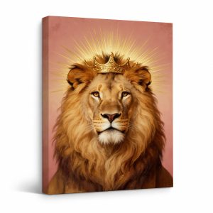 Regal Lion with Crown & Golden Halo Framed Canvas Wall Art