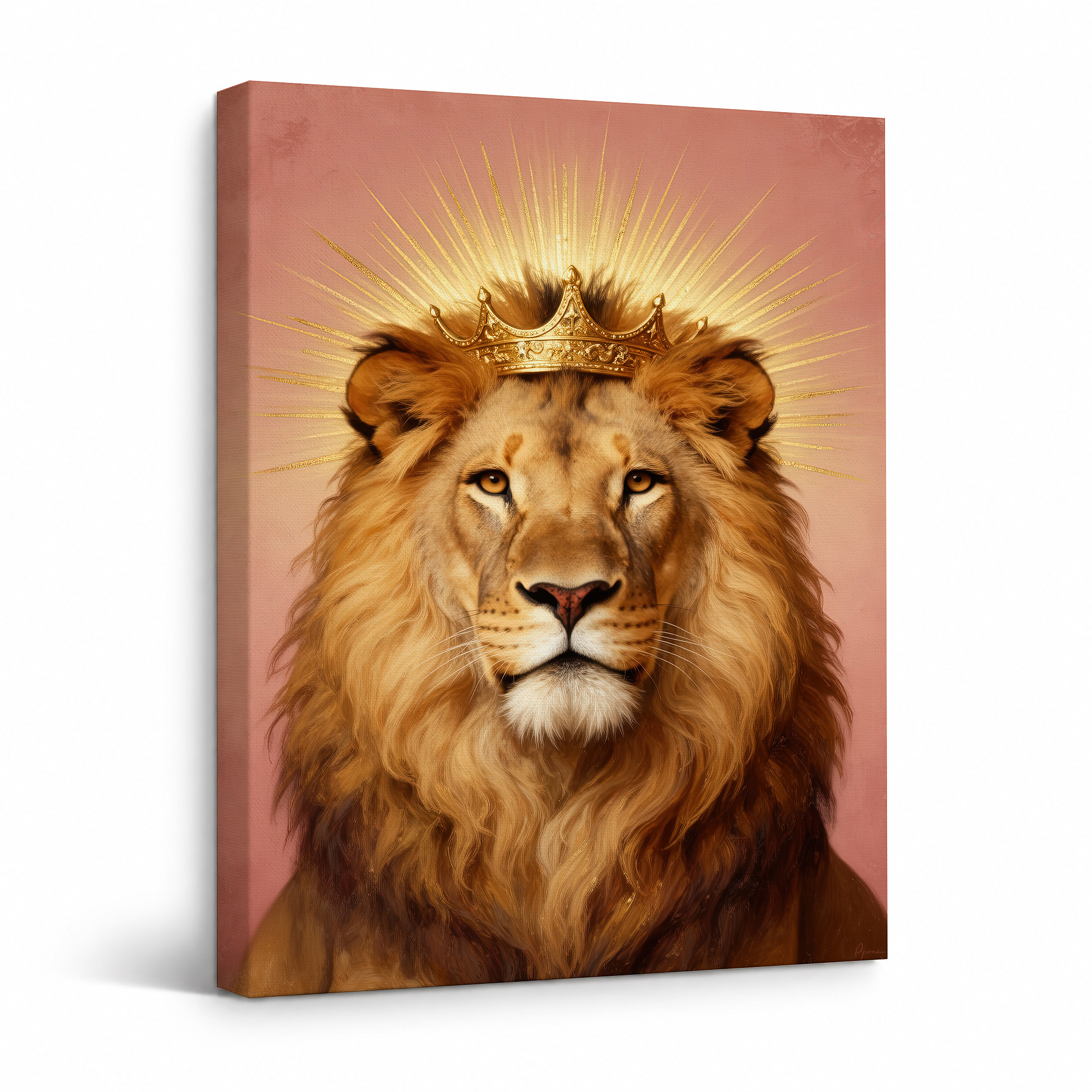 Regal Lion with Crown & Golden Halo Framed Canvas Wall Art