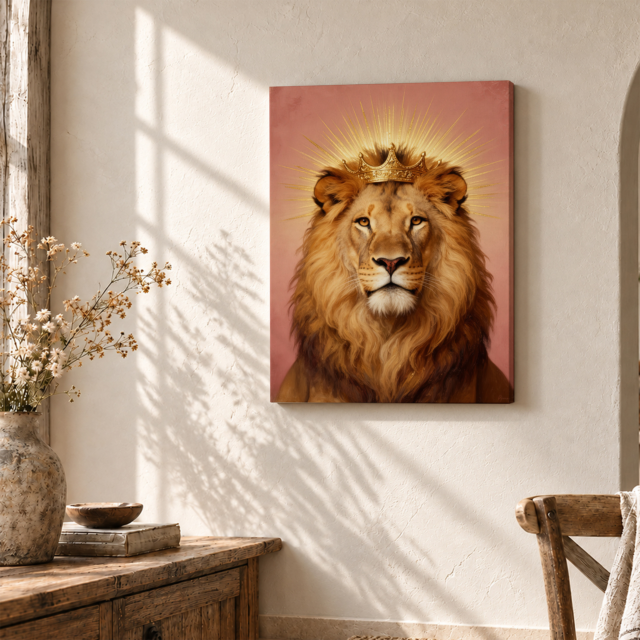 Regal Lion with Crown & Golden Halo Framed Canvas Wall Art - Image 3