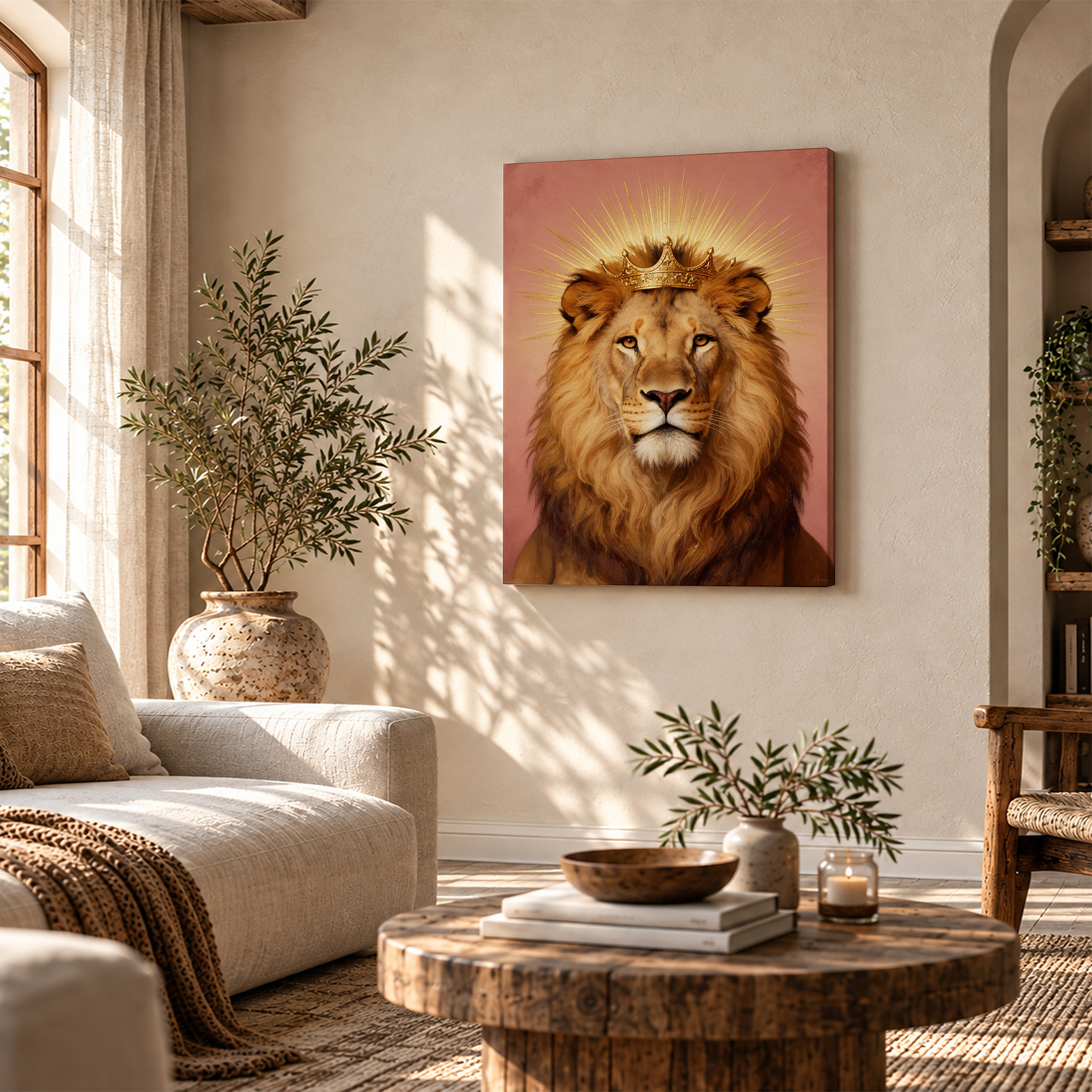 Regal Lion with Crown & Golden Halo Framed Canvas Wall Art - Image 4