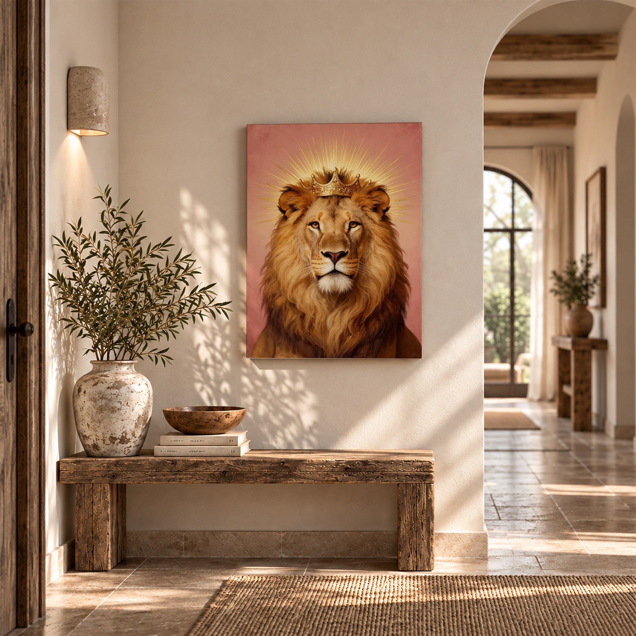 Regal Lion with Crown & Golden Halo Framed Canvas Wall Art - Image 6