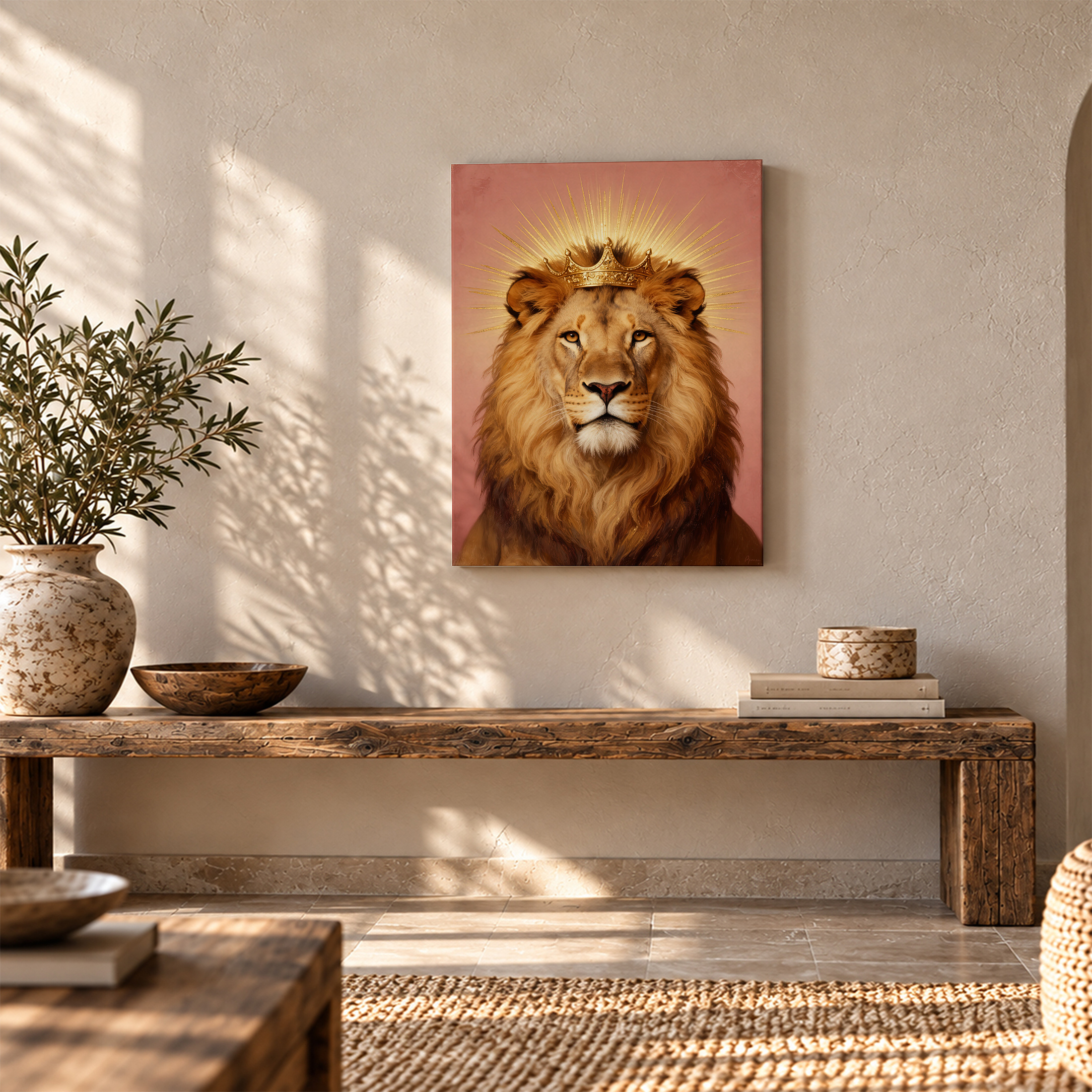 Regal Lion with Crown & Golden Halo Framed Canvas Wall Art - Image 5