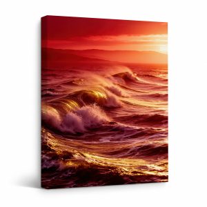 Dramatic Sunset Ocean Waves Framed Canvas Wall Art - Ready to Hang