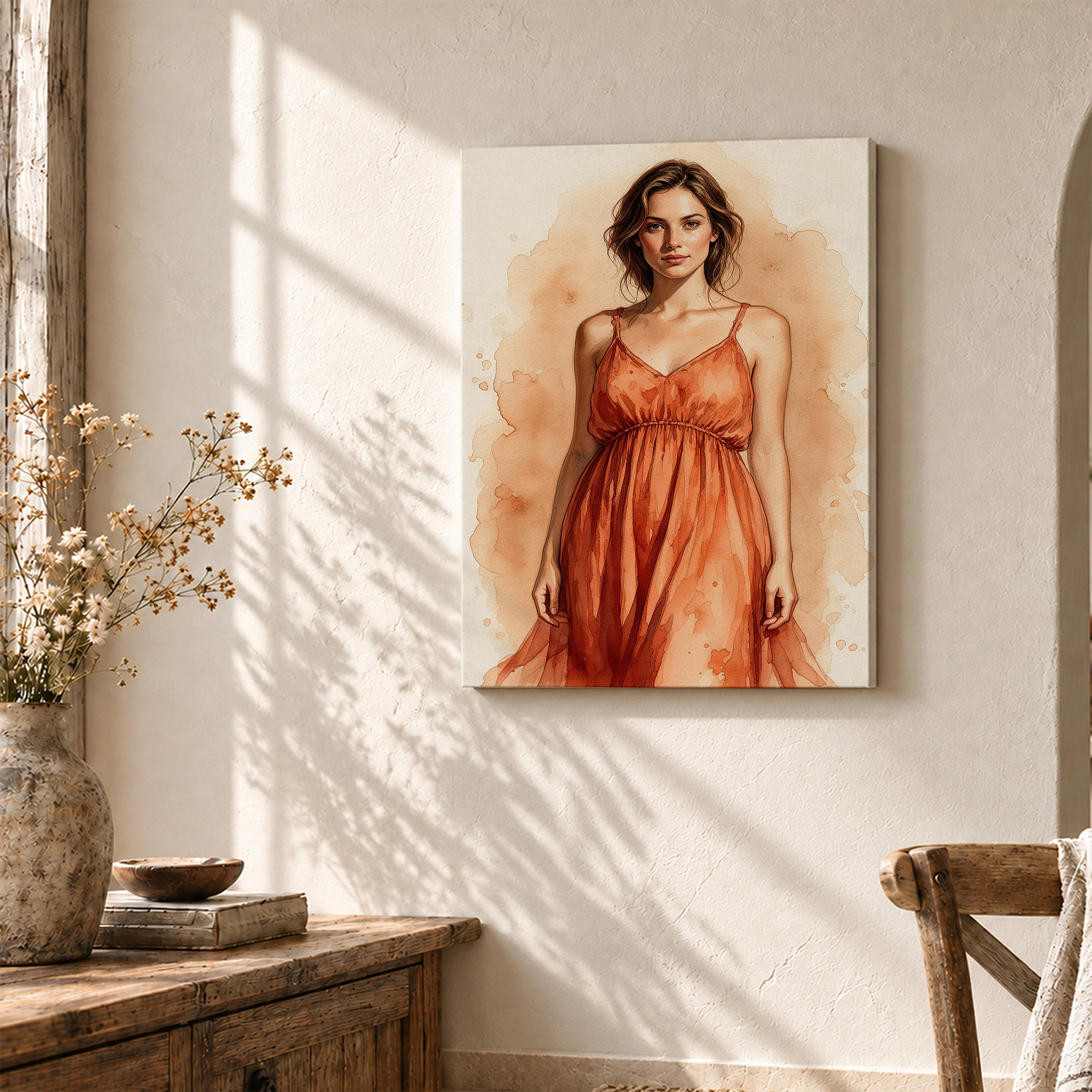 Watercolor Orange Dress Woman Framed Canvas Wall Art Ready to Hang - Image 3