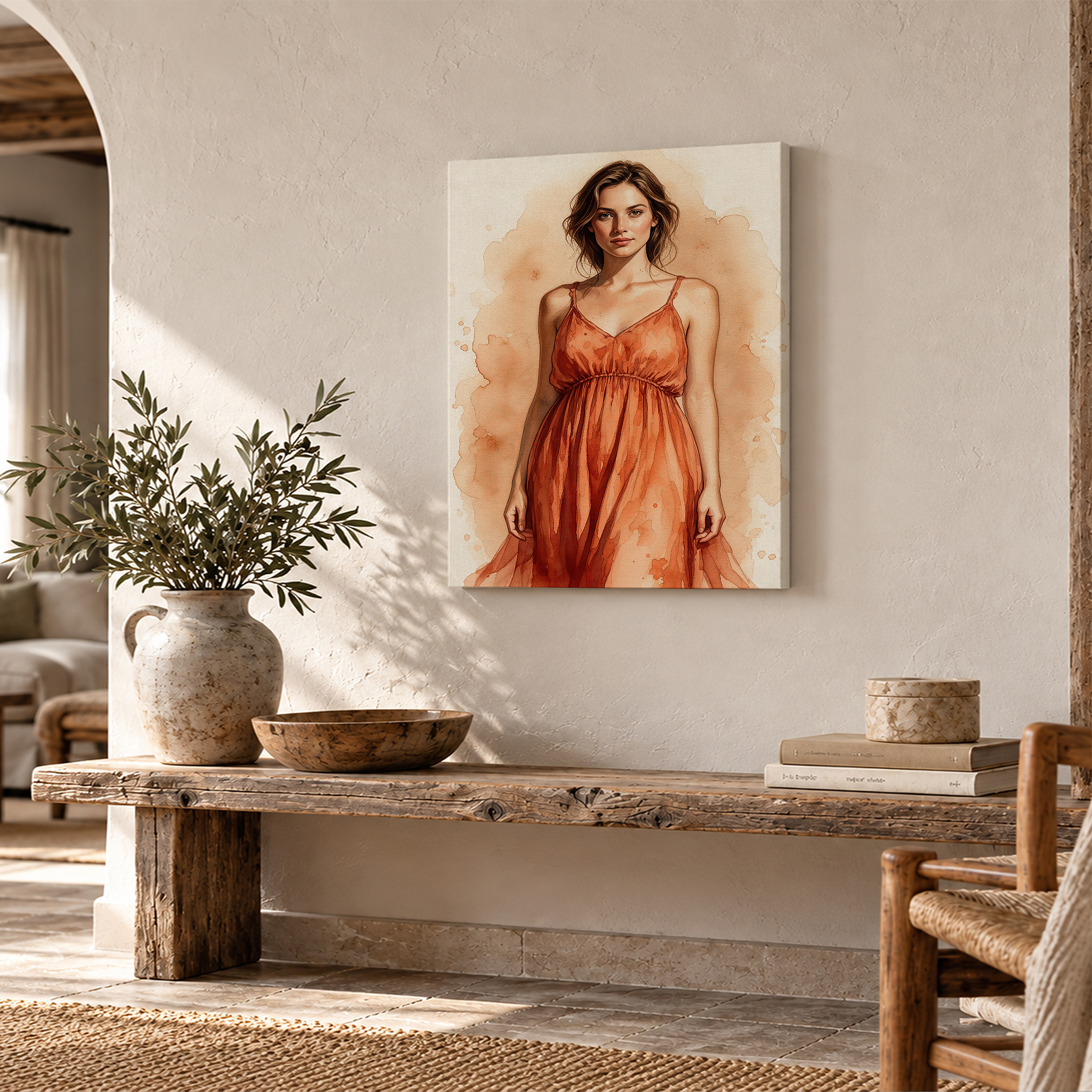 Watercolor Orange Dress Woman Framed Canvas Wall Art Ready to Hang - Image 2