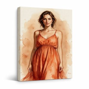 Watercolor Orange Dress Woman Framed Canvas Wall Art Ready to Hang