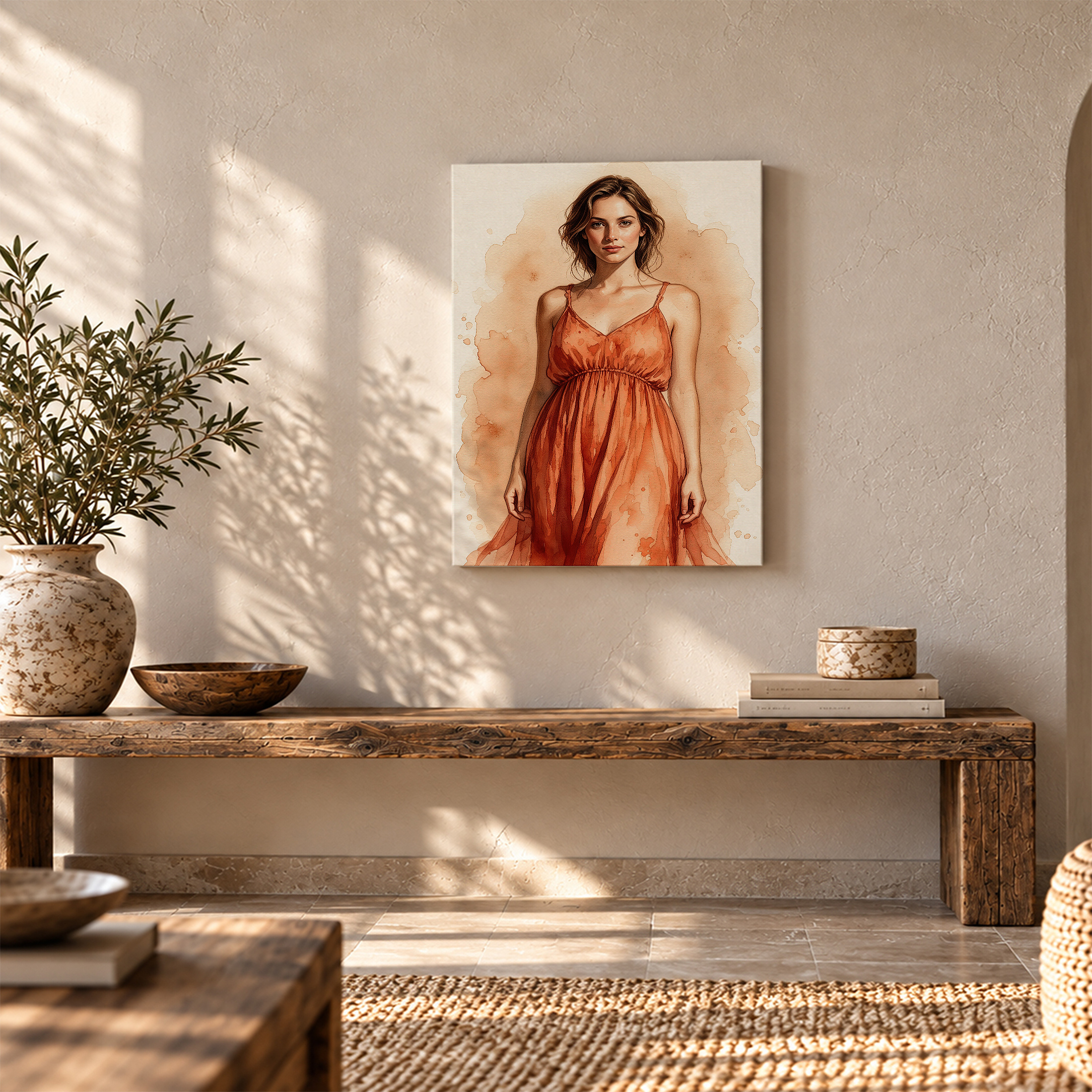 Watercolor Orange Dress Woman Framed Canvas Wall Art Ready to Hang - Image 5