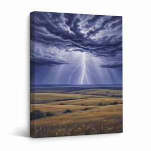 Storm Lightning Over Golden Field Framed Canvas Wall Art