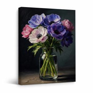 Purple & Pink Anemone Floral Still Life Framed Canvas Wall Art
