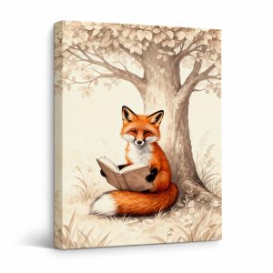 Fox Reading Under Tree Framed Canvas Wall Art - Ready to Hang