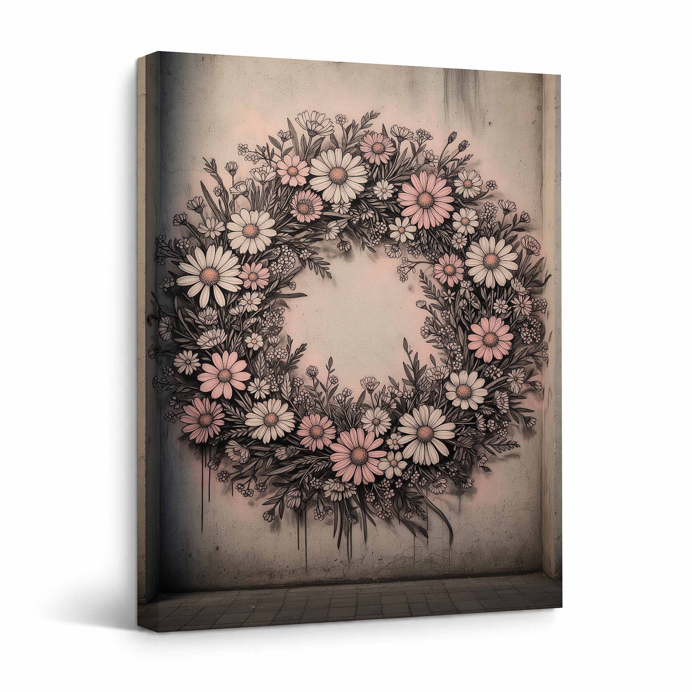 Vintage Floral Wreath Framed Canvas Wall Art | Ready to Hang
