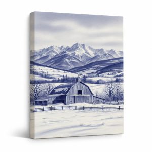 Winter Farm Barn & Snow-Capped Mountains Framed Canvas Wall Art