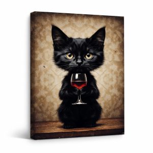 Vintage Black Kitten with Wine Glass Framed Canvas Wall Art