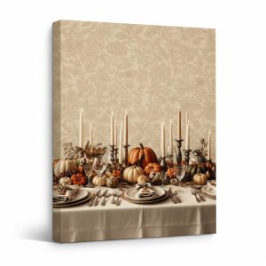 Autumnal Thanksgiving Table Setting Framed Canvas Wall Art