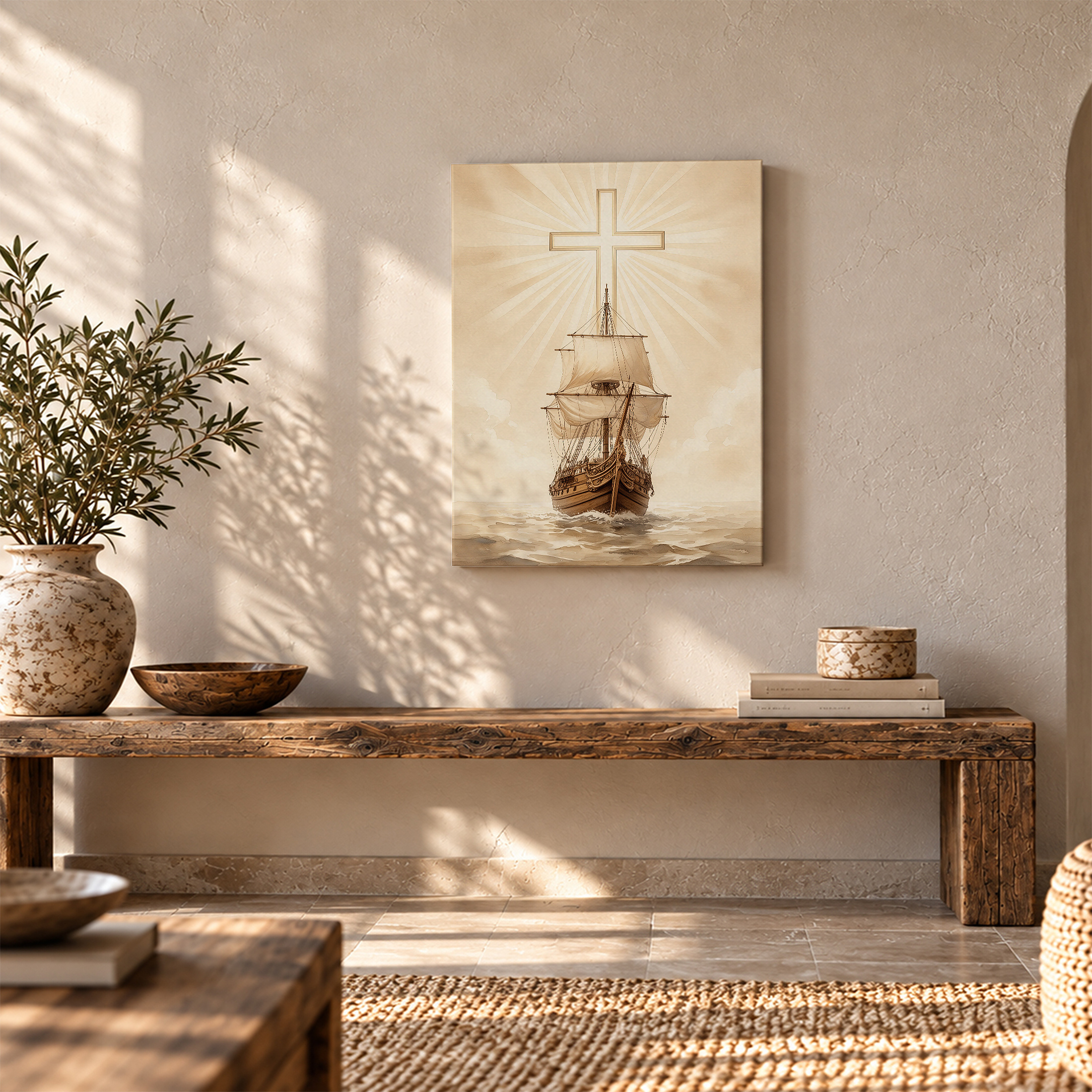 Sailing Ship with Cross Spiritual Journey Framed Canvas Wall Art - Image 5