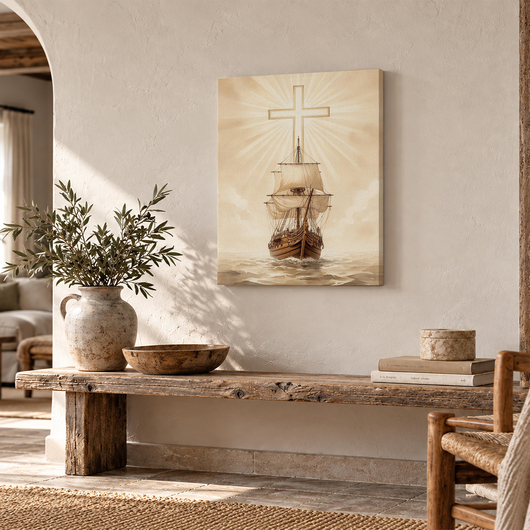 Sailing Ship with Cross Spiritual Journey Framed Canvas Wall Art - Image 2