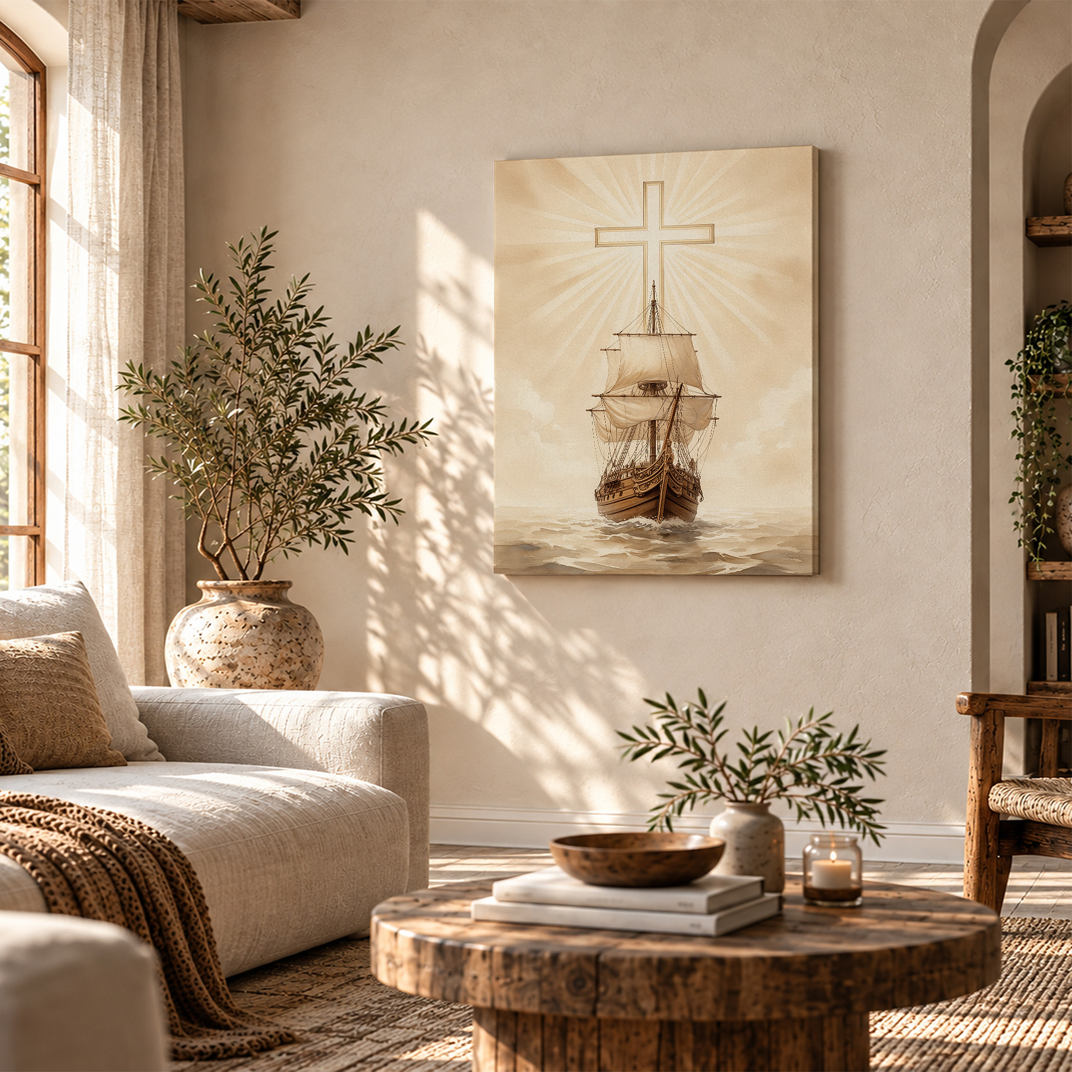 Sailing Ship with Cross Spiritual Journey Framed Canvas Wall Art - Image 4