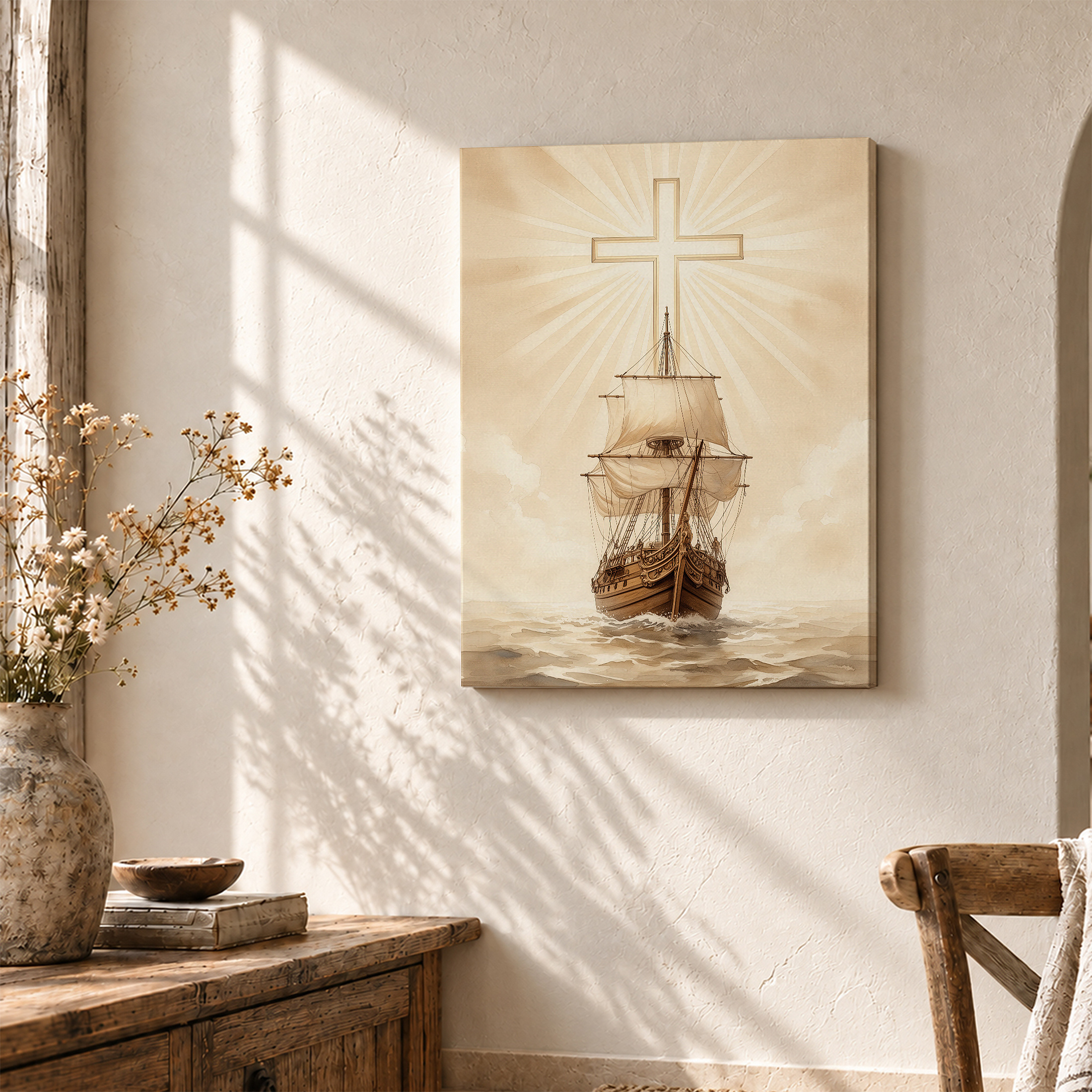 Sailing Ship with Cross Spiritual Journey Framed Canvas Wall Art - Image 3