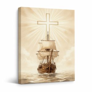 Sailing Ship with Cross Spiritual Journey Framed Canvas Wall Art