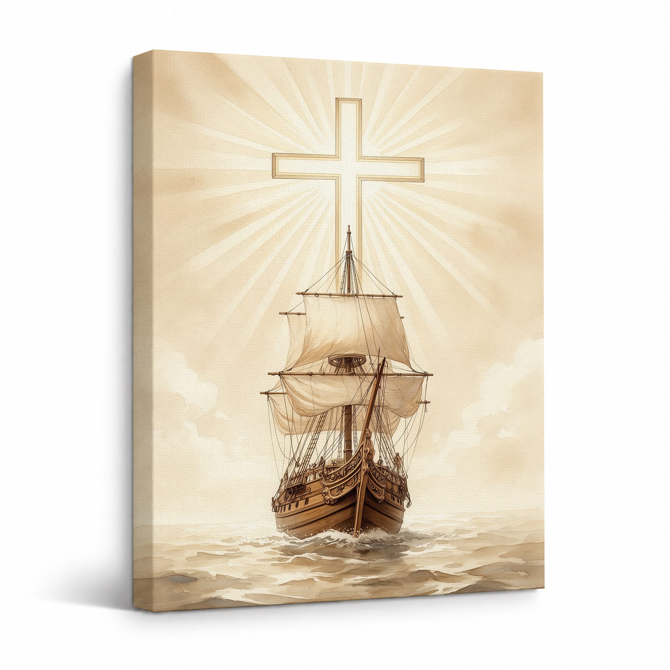 Sailing Ship with Cross Spiritual Journey Framed Canvas Wall Art