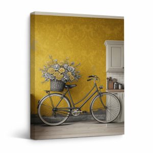 Vintage Bicycle & Flowers Yellow Kitchen Framed Canvas Wall Art