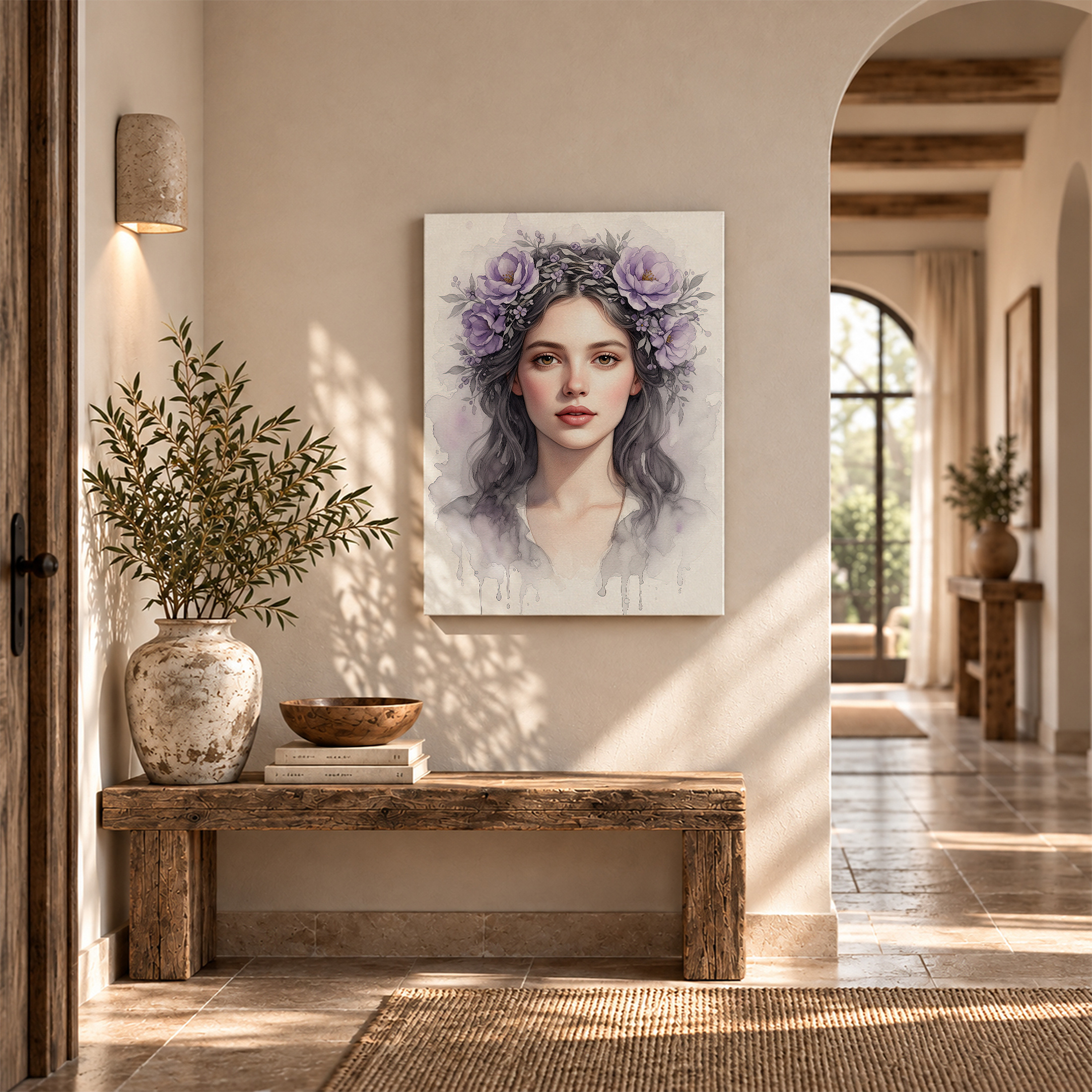 Purple Flower Crown Watercolor Portrait Framed Canvas Wall Art - Image 6
