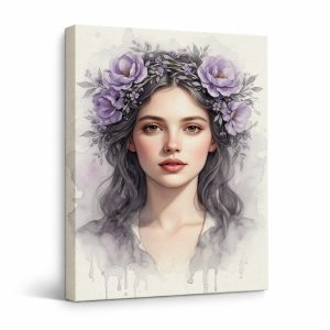 Purple Flower Crown Watercolor Portrait Framed Canvas Wall Art