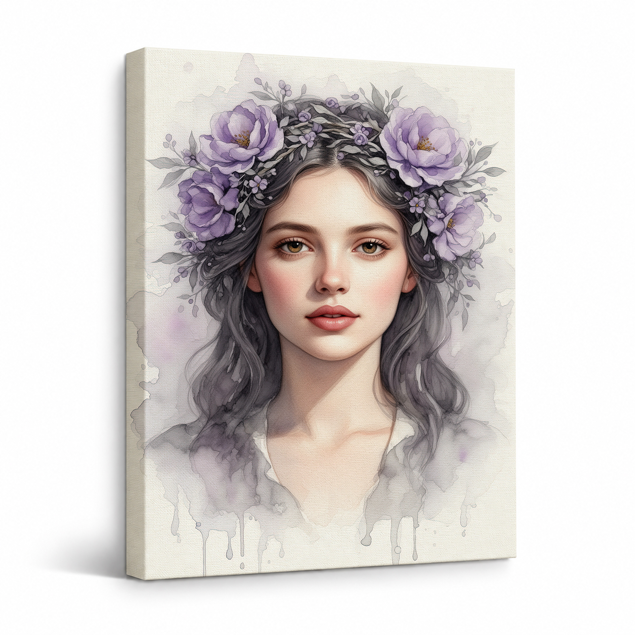 Purple Flower Crown Watercolor Portrait Framed Canvas Wall Art