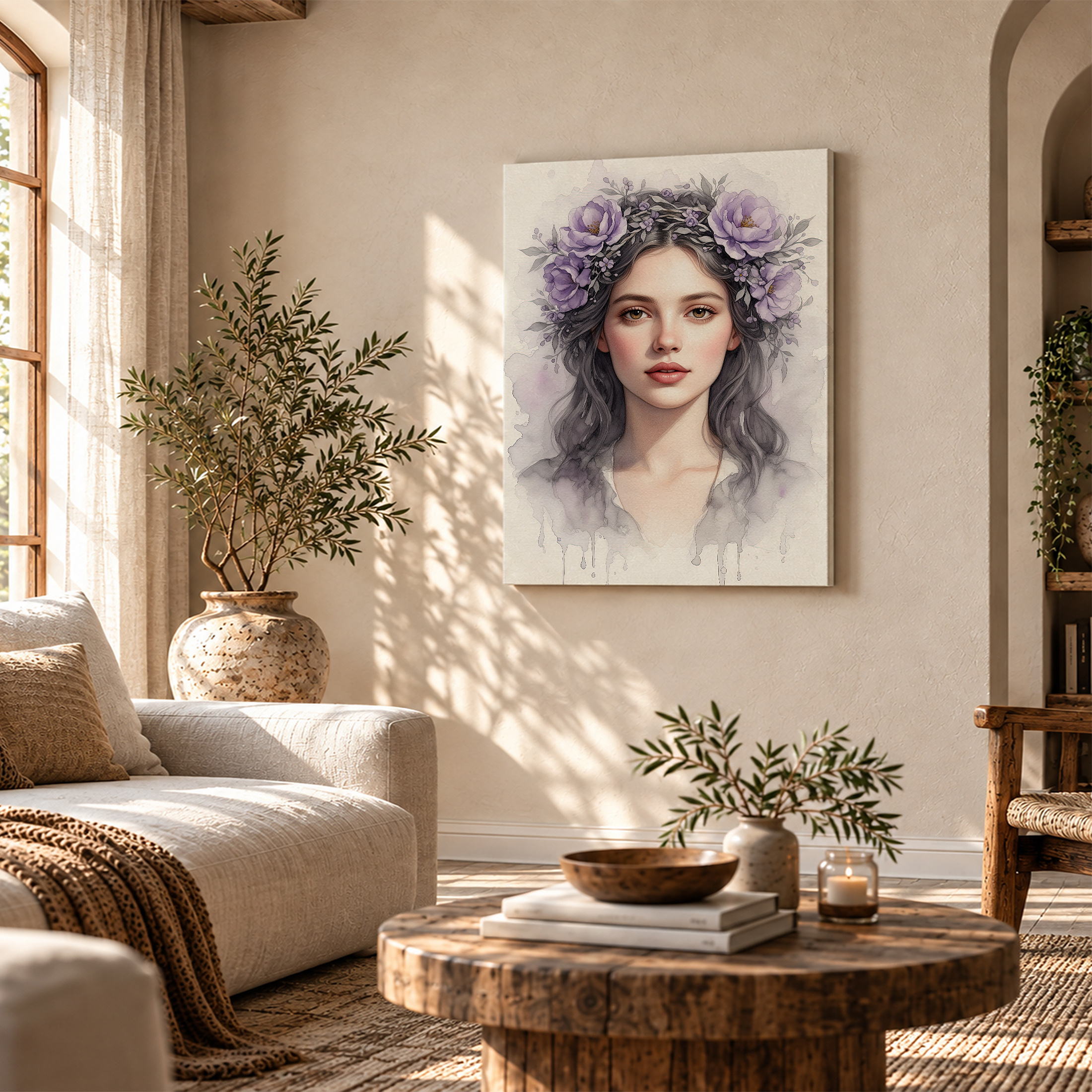 Purple Flower Crown Watercolor Portrait Framed Canvas Wall Art - Image 4