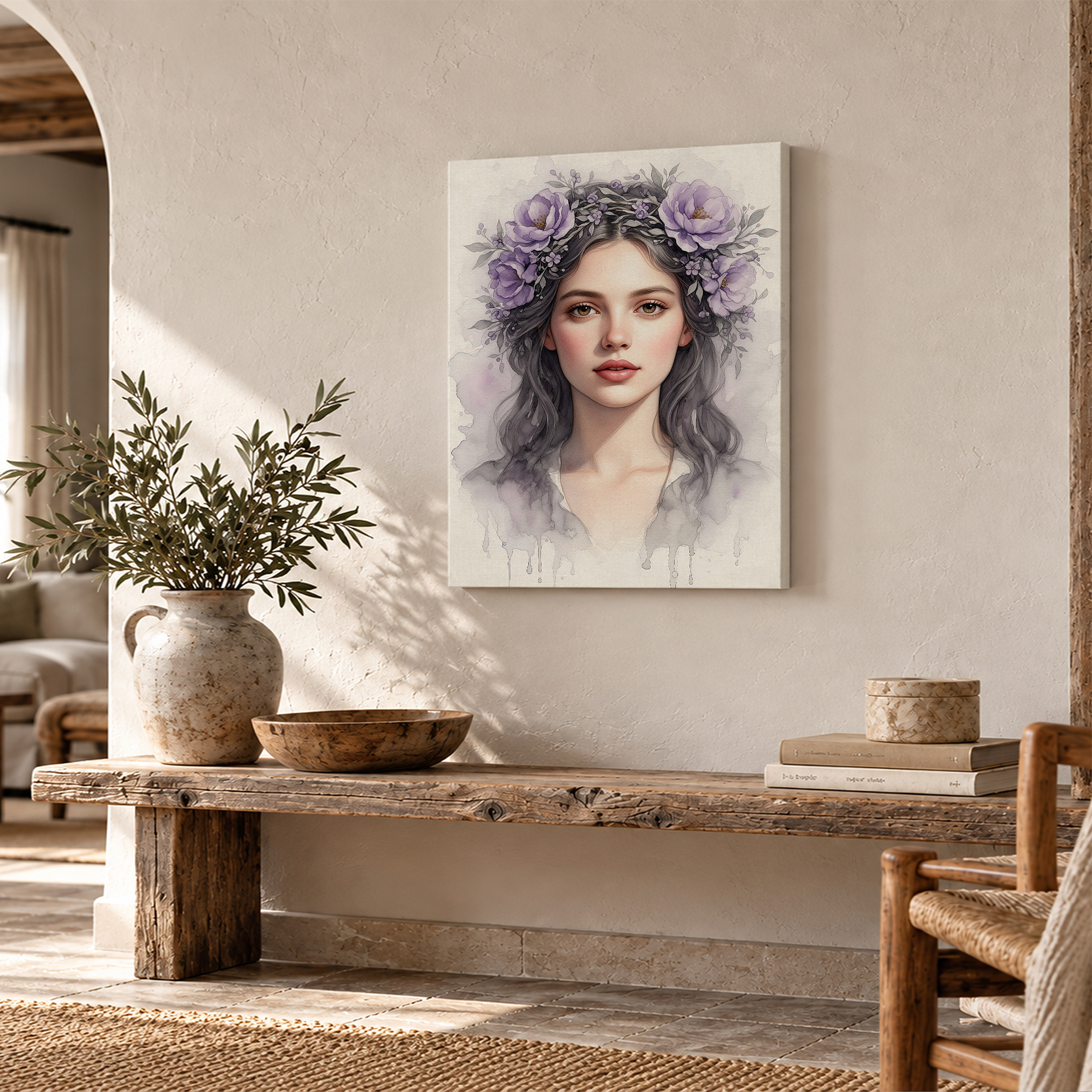 Purple Flower Crown Watercolor Portrait Framed Canvas Wall Art - Image 2