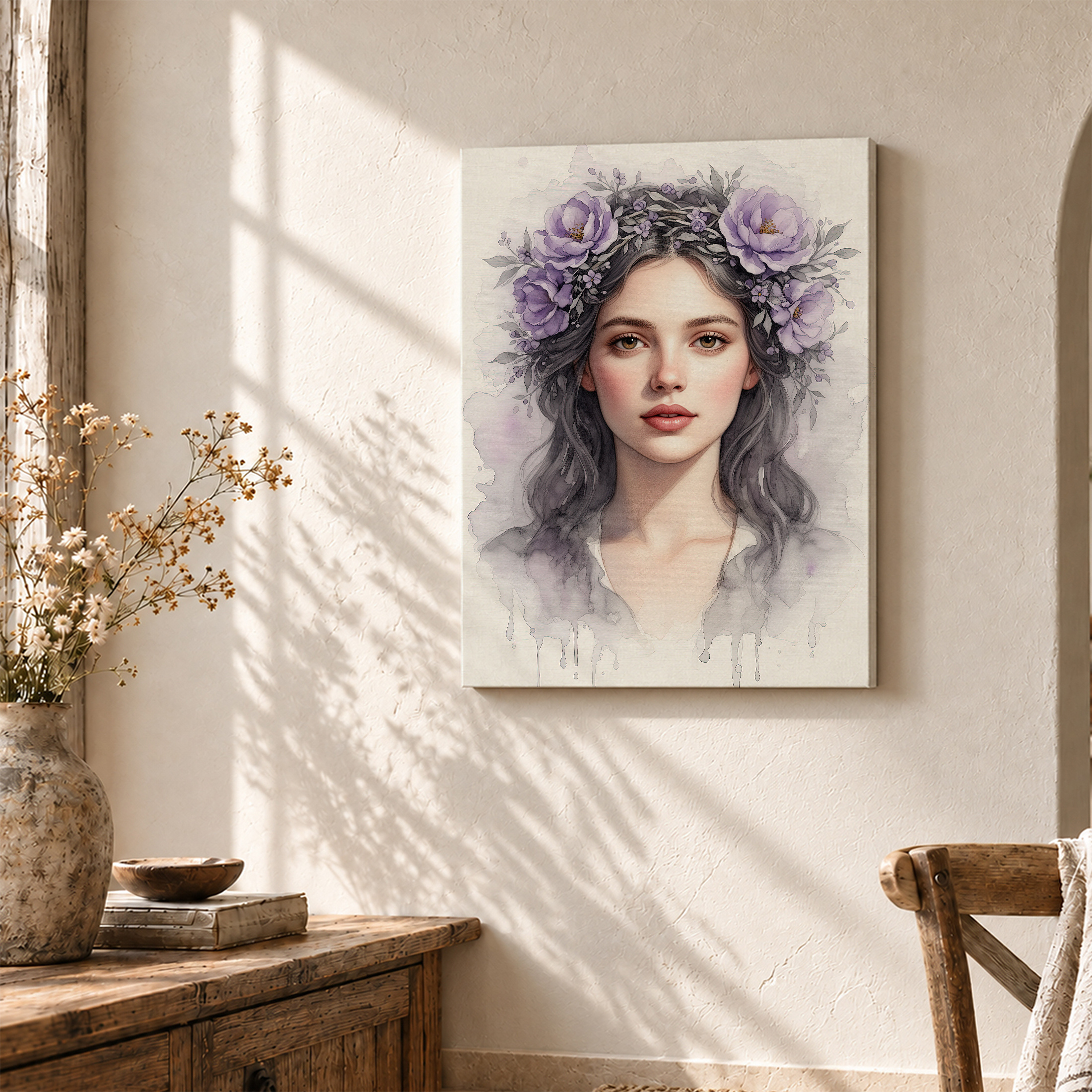 Purple Flower Crown Watercolor Portrait Framed Canvas Wall Art - Image 3