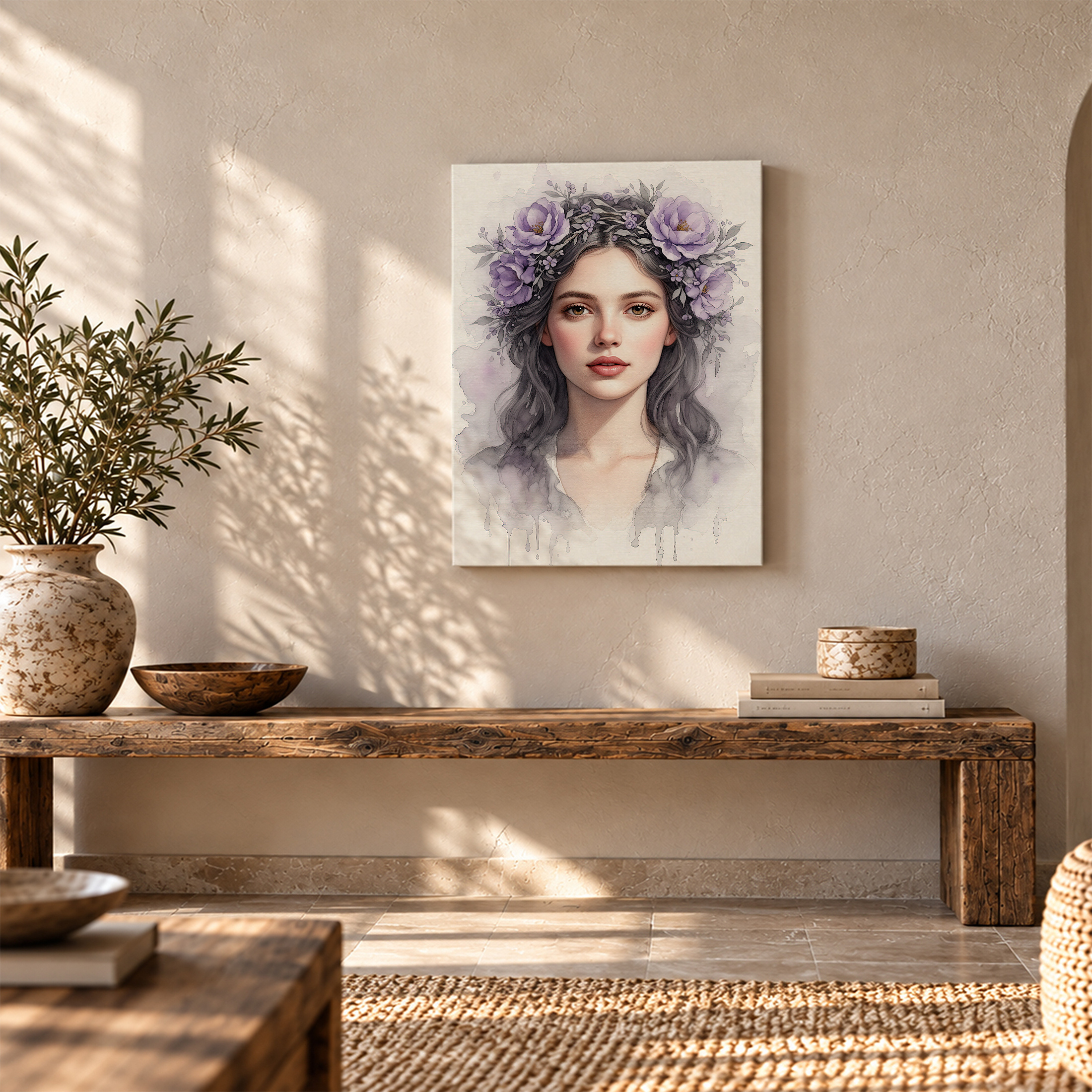Purple Flower Crown Watercolor Portrait Framed Canvas Wall Art - Image 5