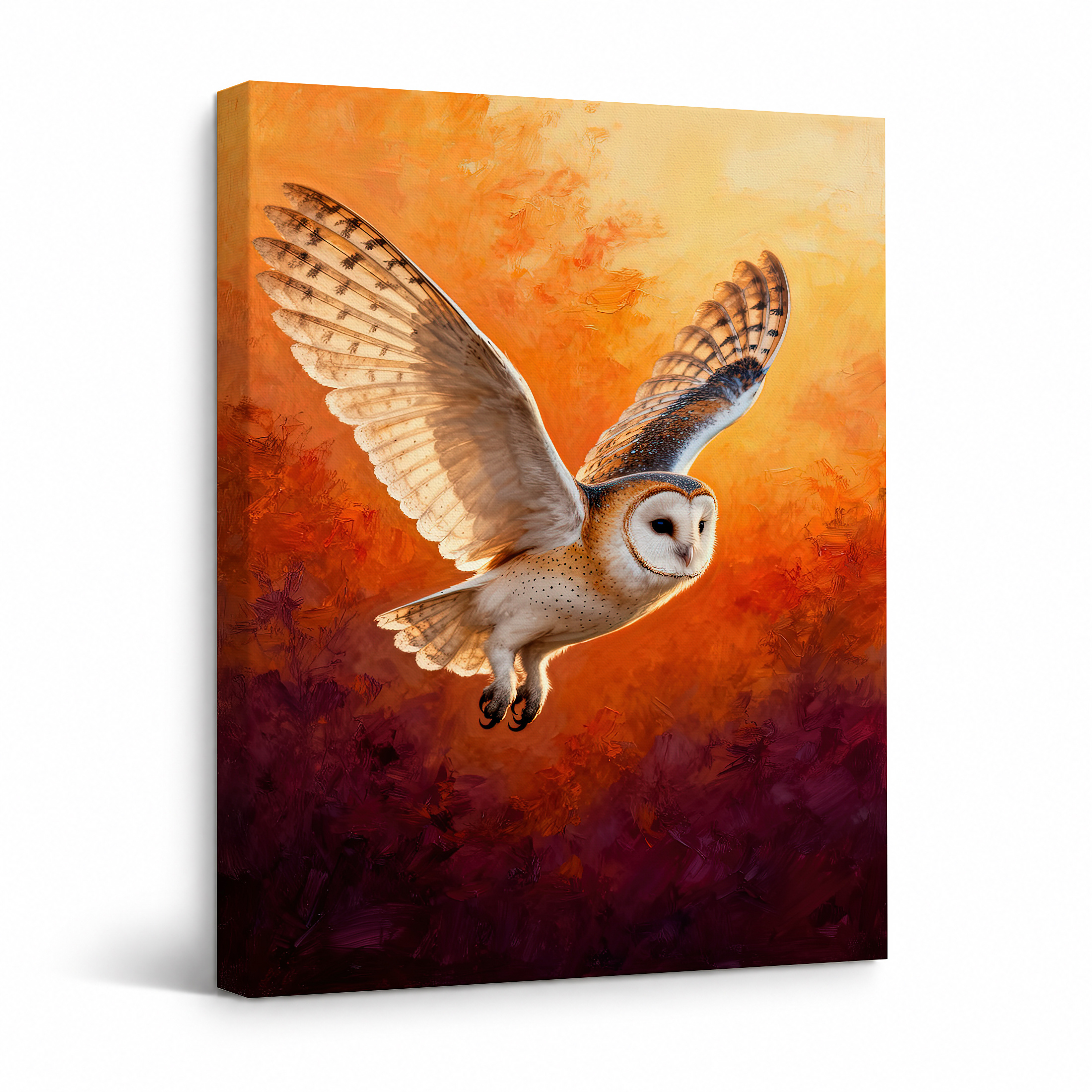 Barn Owl Sunset Flight Framed Canvas Wall Art - Ready to Hang