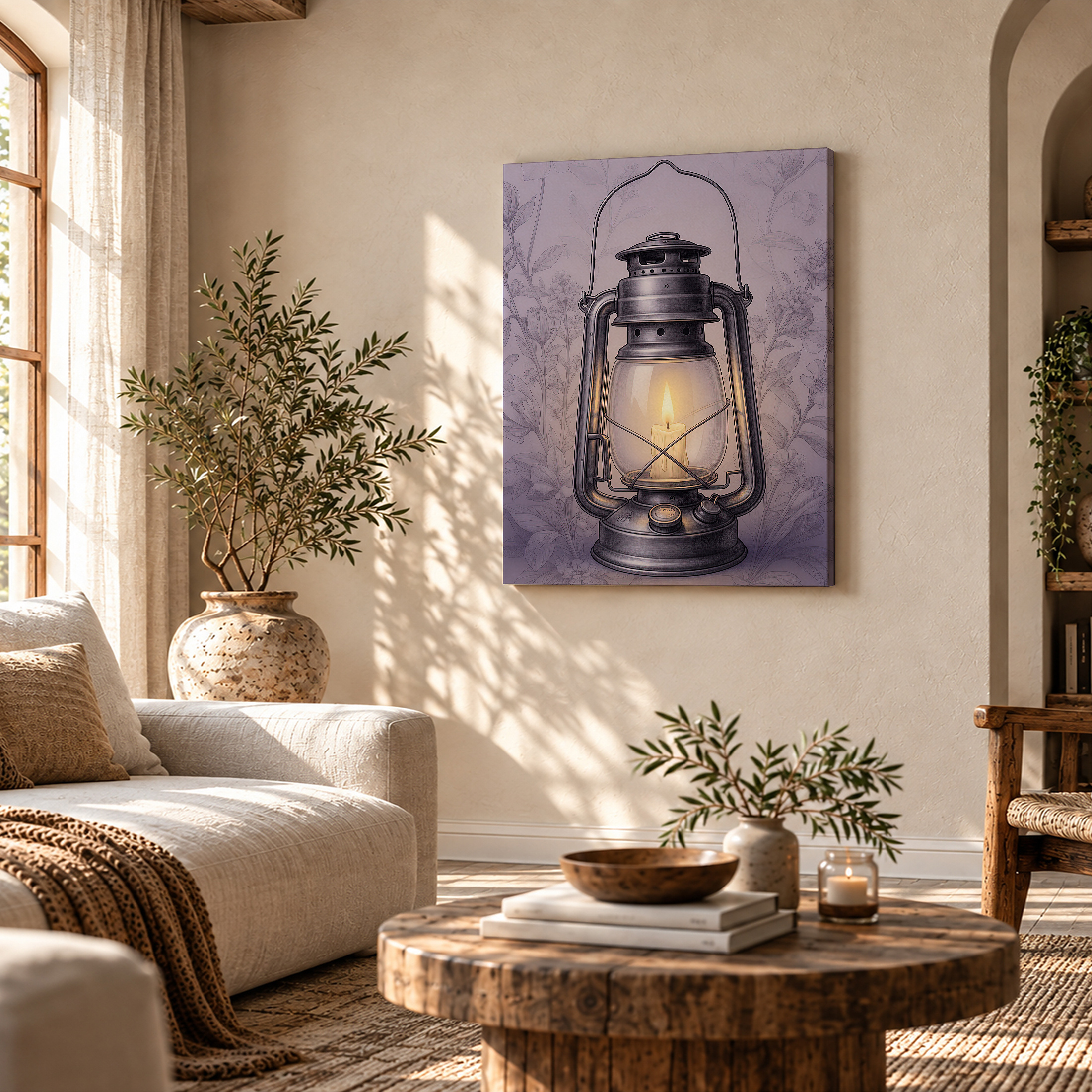 Vintage Oil Lamp & Purple Floral Framed Canvas Wall Art - Ready to Hang - Image 4