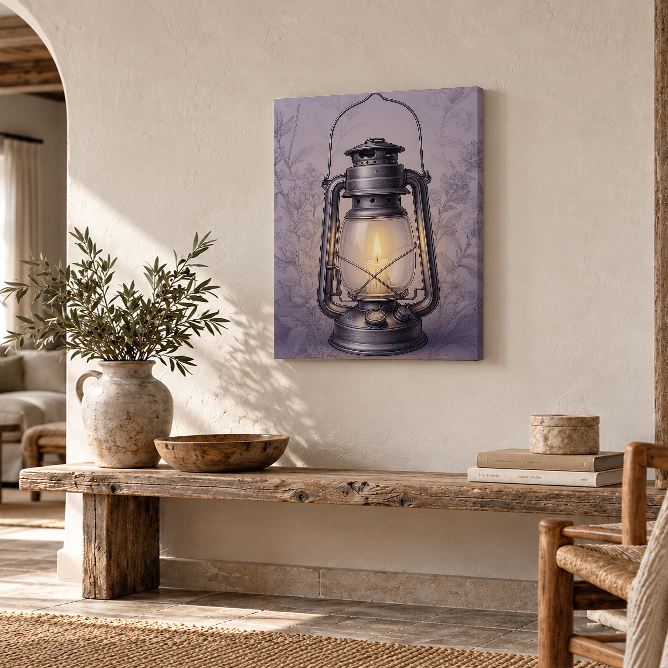 Vintage Oil Lamp & Purple Floral Framed Canvas Wall Art - Ready to Hang - Image 2