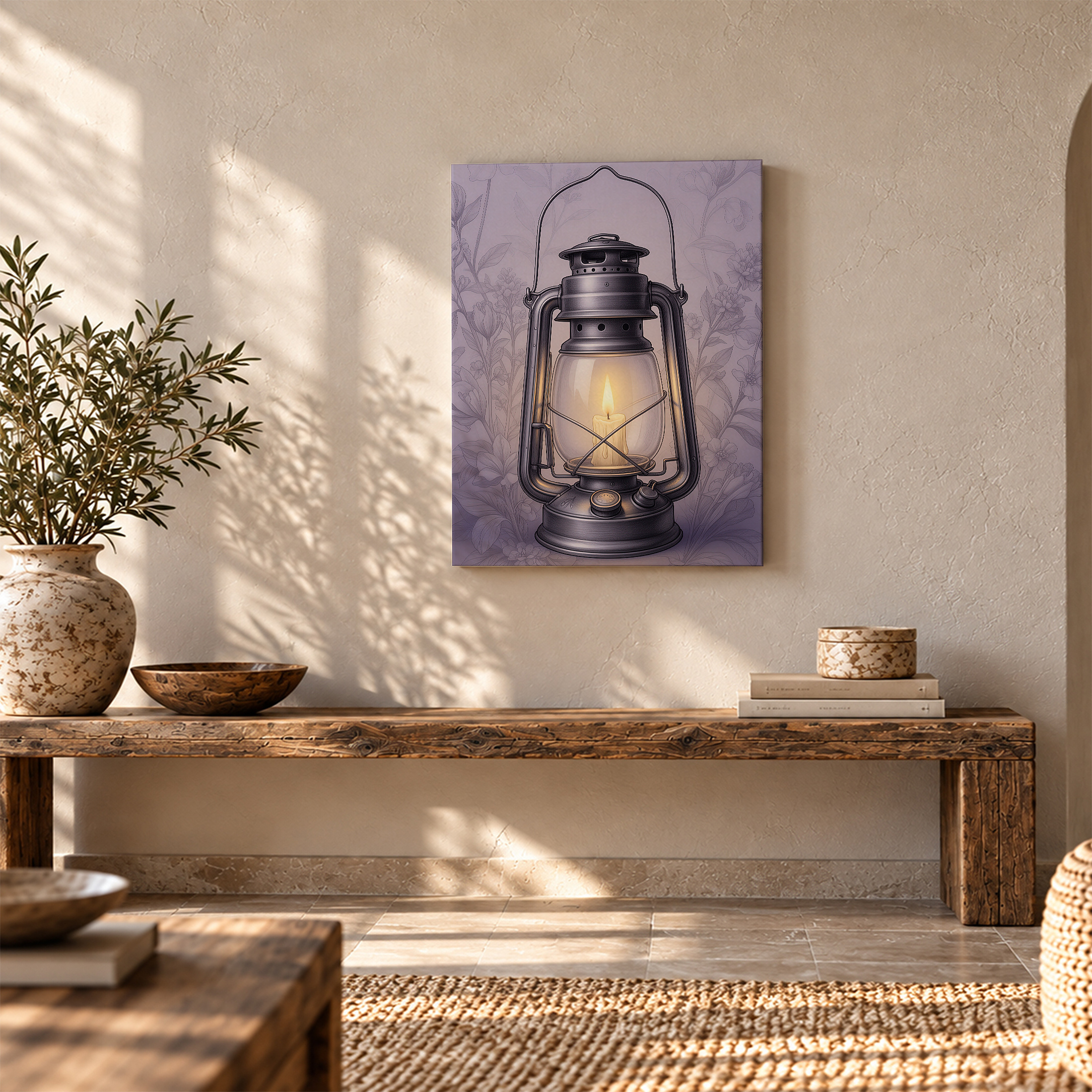 Vintage Oil Lamp & Purple Floral Framed Canvas Wall Art - Ready to Hang - Image 5