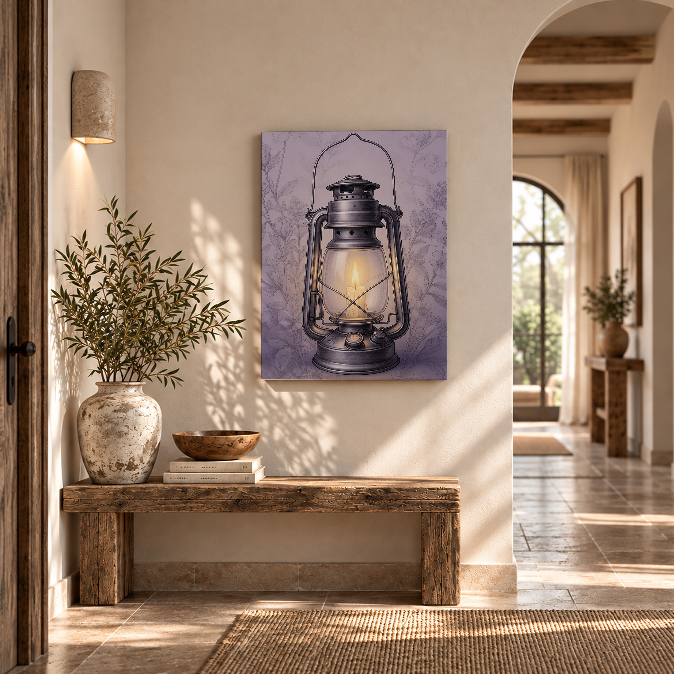 Vintage Oil Lamp & Purple Floral Framed Canvas Wall Art - Ready to Hang - Image 6