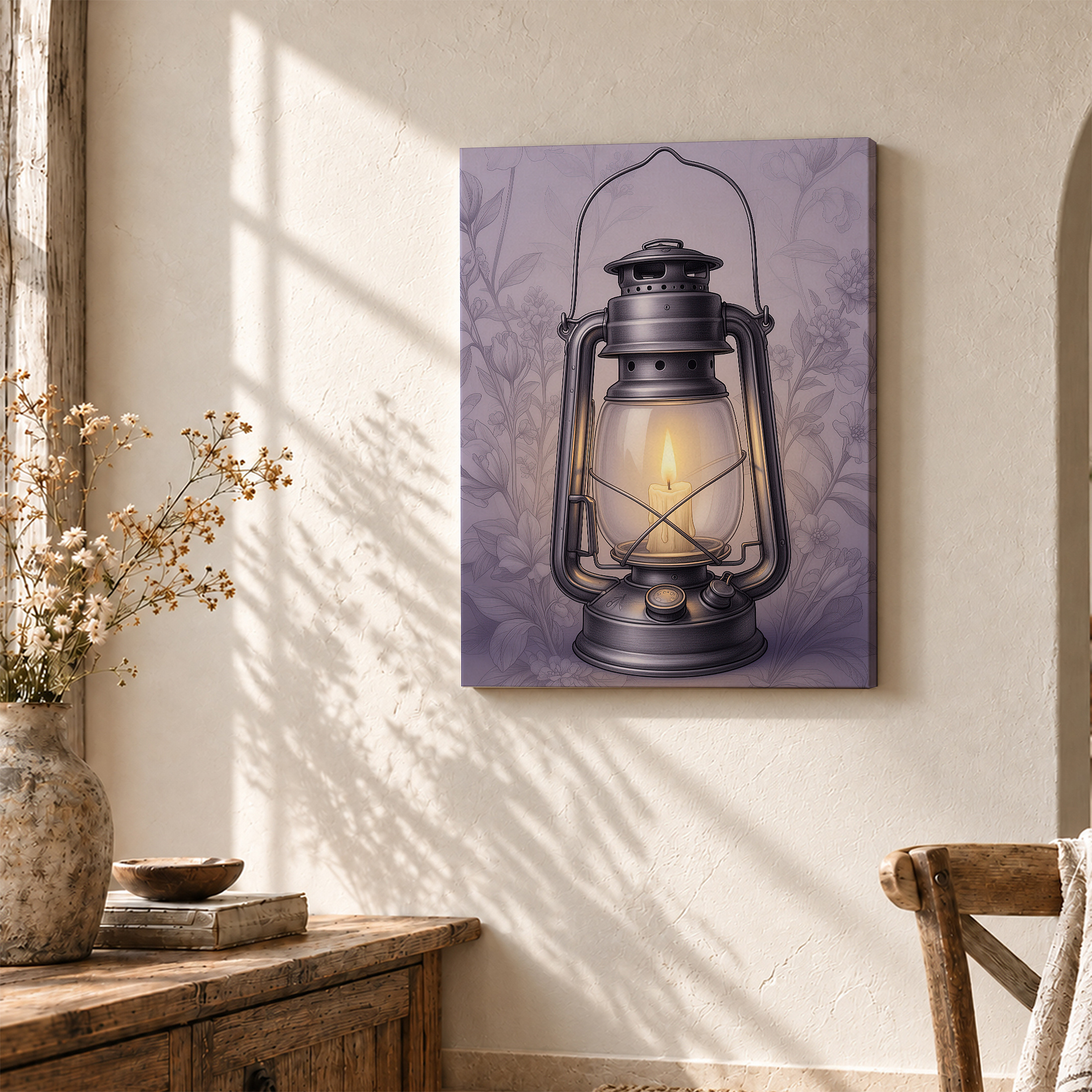 Vintage Oil Lamp & Purple Floral Framed Canvas Wall Art - Ready to Hang - Image 3