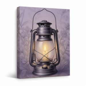 Vintage Oil Lamp & Purple Floral Framed Canvas Wall Art - Ready to Hang