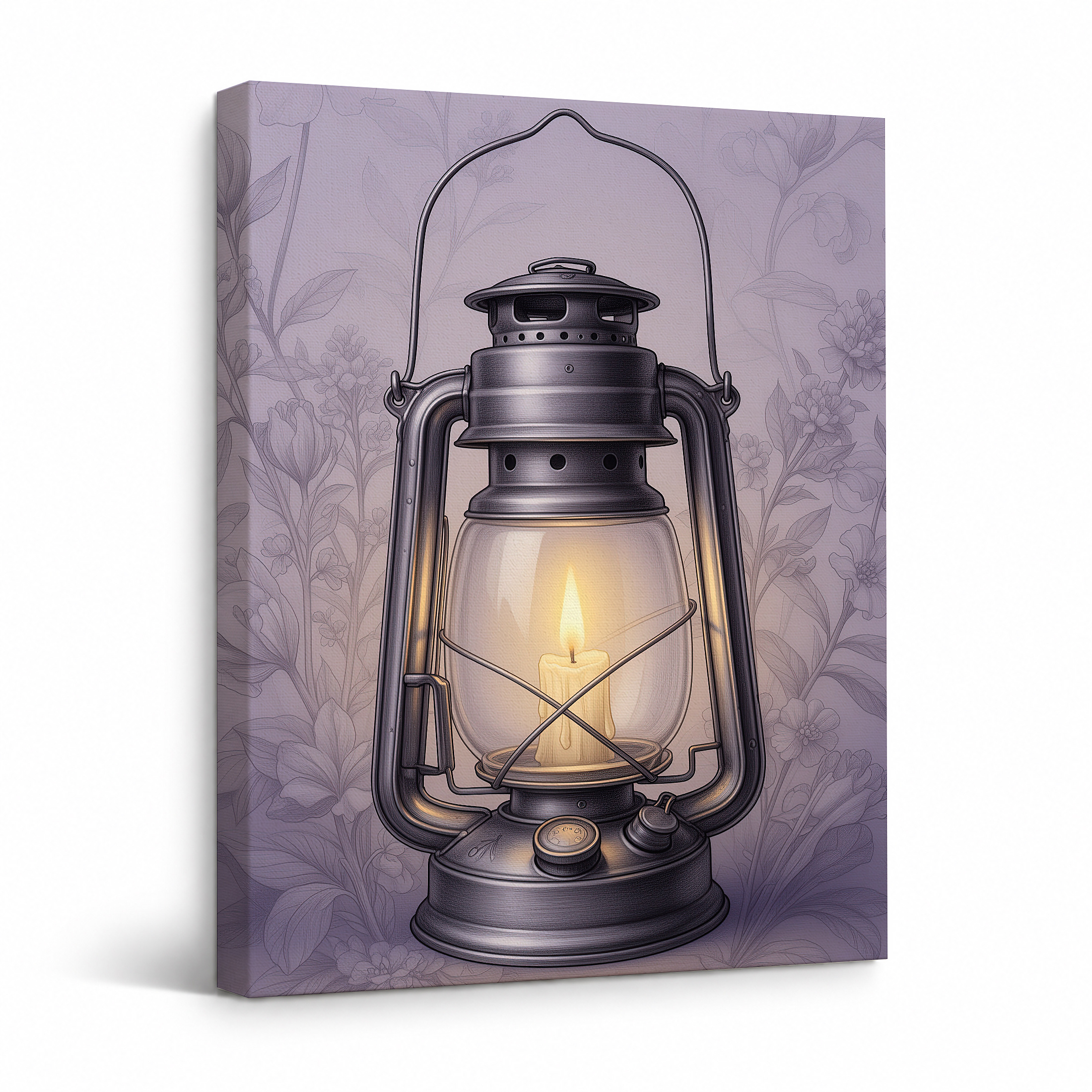 Vintage Oil Lamp & Purple Floral Framed Canvas Wall Art - Ready to Hang