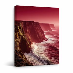 Red Sunset Cliffs Ocean Landscape Framed Canvas Wall Art