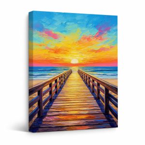 Sunset Pier Ocean Sunset Framed Canvas Wall Art Ready to Hang