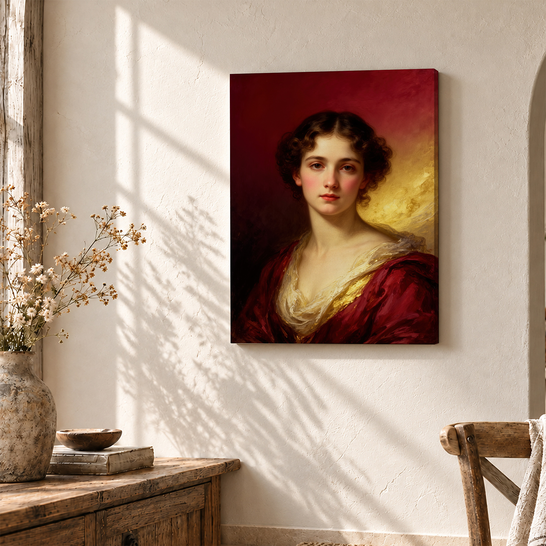 Classical Portrait in Rich Reds & Golds Framed Canvas Wall Art - Image 3