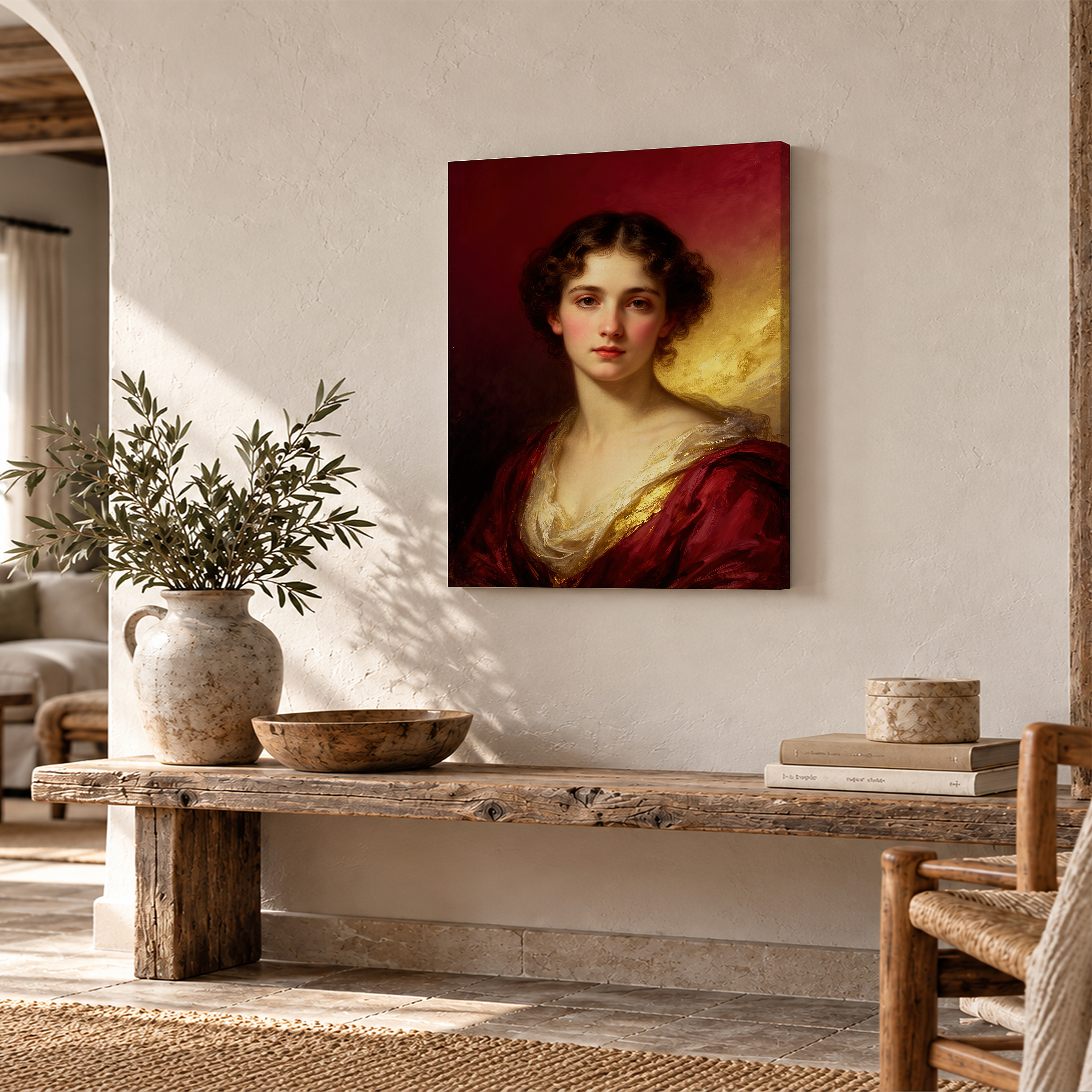 Classical Portrait in Rich Reds & Golds Framed Canvas Wall Art - Image 2