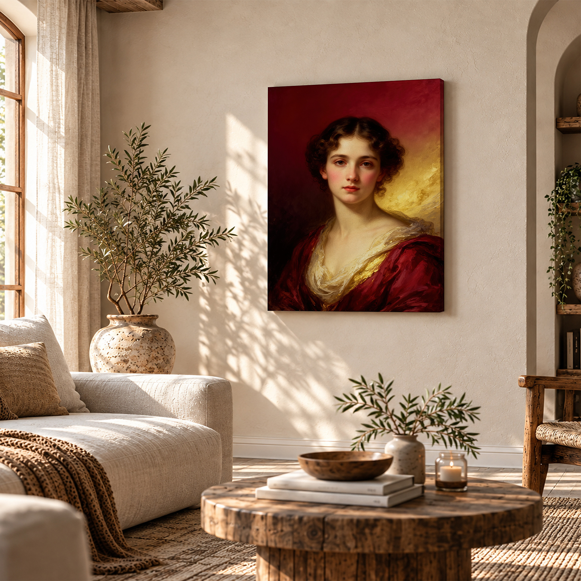 Classical Portrait in Rich Reds & Golds Framed Canvas Wall Art - Image 4
