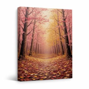 Pink & Gold Autumn Forest Path Framed Canvas Wall Art
